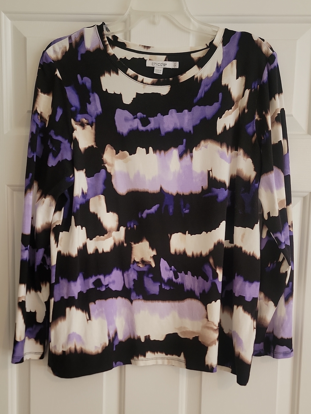 Chico's Touch Of Cool Black Purple Cream Abstract-Stripe Long Sleeve Tee, L (2)